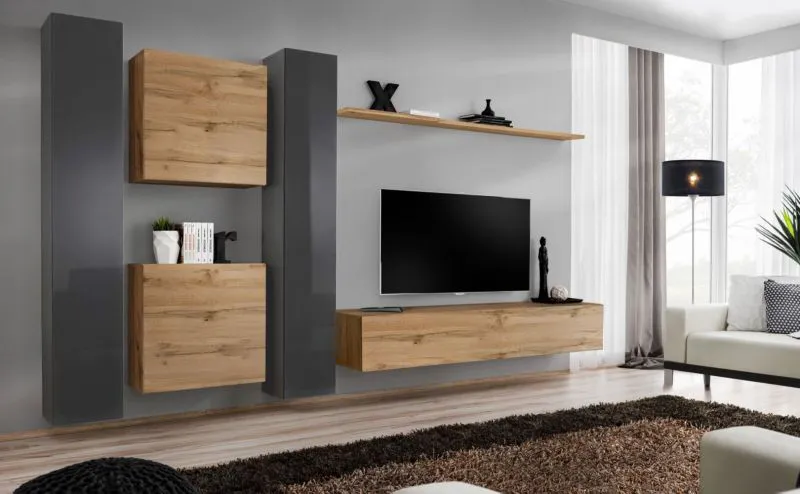 Pensile moderno Balestrand 96 | Ampio spazio contenitivo | Grigio e rovere Wotan | 180 x 330 x 40 cm | 4 ante
