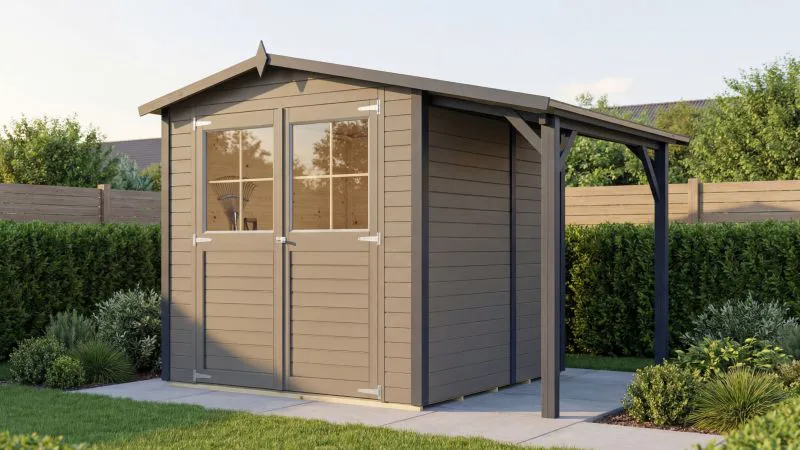 Casetta da giardino "Weilar" 02 con estensione tetto, beige, porta in legno massiccio, 2,77 x 2,03 m, tetto a due falde