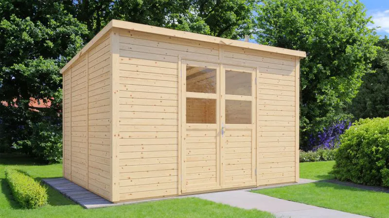 Casetta da giardino "Borchen" 01, legno grezzo, incl. pavimento, porta doppia con vetro di sicurezza - spessore: 19 mm, superficie: 9,77 m², tetto piano
