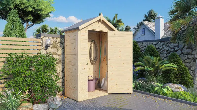 Armadietto da giardino "Korbach" 01, legno grezzo, incl. pavimento, tetto spiovente, 121 x 63 cm, porta singola in legno massiccio