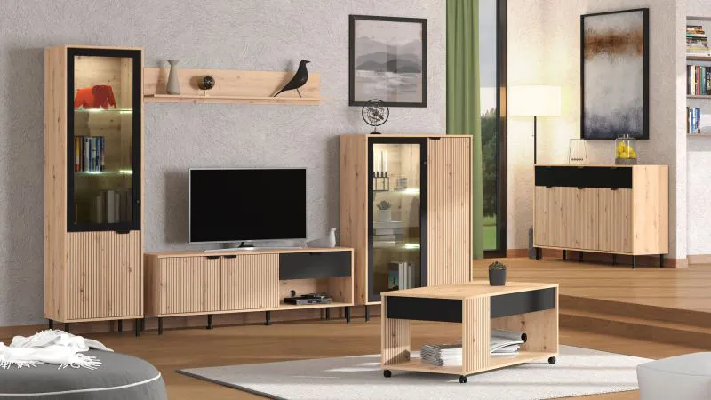 Soggiorno moderno 6 pezzi B Zvesdara | Rovere Artisan/Nero | 2 vetrine, mobile TV, mensola, cassettiera, tavolino | Bordi ABS