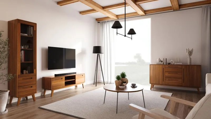 Soggiorno completo - Set F "Engordany", set 3 pz, color rovere rustico, faggio massello, laccato, 1 madia, 1 mobile TV, 1 vetrinetta