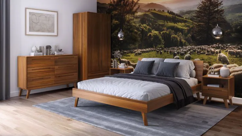 Camera da letto completa - Set H "Engordany", 5 pz, color rovere rustico, faggio massello, laccato, 1 letto king size, 2 comodini, 1 cassettiera, 1 armadio