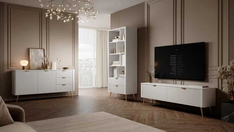 Soggiorno completo - Set E "Sloughia", 3 pz, bianco, maniglie e gambe: metallo