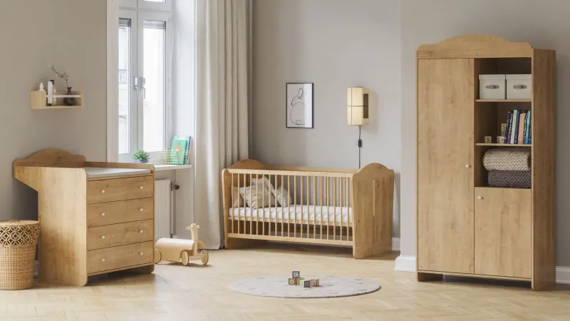 Cameretta completa - Set A "Mille", 3 pz, color rovere, 1 lettino, 1 cassettiera con fasciatoio, 1 armadio, bordi in ABS, Sistema "Soft-Close"
