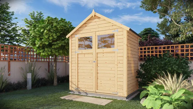 Casetta da giardino prefabbricata Landshut 01 incl. pavimento, legno grezzo - spessore 14 mm, SU: 2,10 m², tetto a capanna