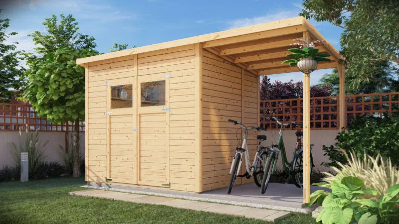 Casetta da giardino Dresden 03 con tetto aggiuntivo incl. pavimento, finitura naturale - Casetta da giardino prefabbricata da 14 mm, superficie utile: 4,20 m², tetto a una falda