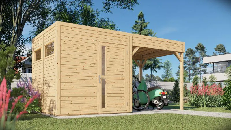 Casetta da giardino Basilea 02 con tetto aggiuntivo incl. pavimento, finitura naturale - Casetta da giardino prefabbricata da 19 mm, superficie utile: 5,10 m², tetto piano