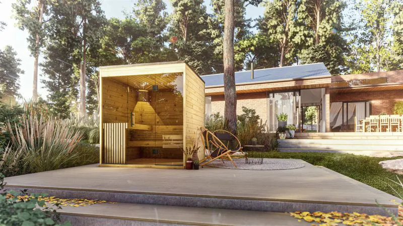 Casa della sauna Sauna da giardino Sauna da esterno Pedirka con 3 lettini da sauna, abete naturale, 196 x 196 cm, 2 poggiatesta, lampada con paralume in legno, tronchi