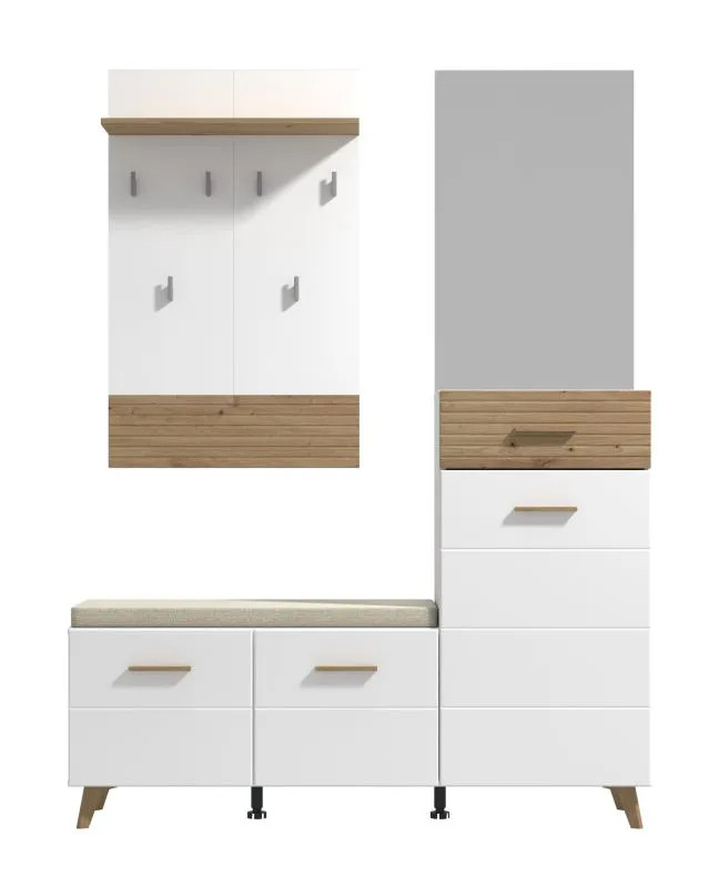 Panca appendiabiti "Bineva" 01 con specchio | 6 scomparti | 1 cassetto | 6 ganci | Seduta imbottita | 189,5 x 141 x 35 cm