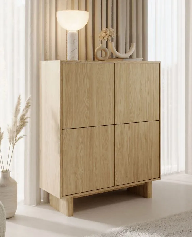 Madia "Mazen" 02, color rovere oliato, 4 ante a battente, 8 scomparti, bordi in ABS, funzione "push-to-open", 104 x 38 x 124 cm