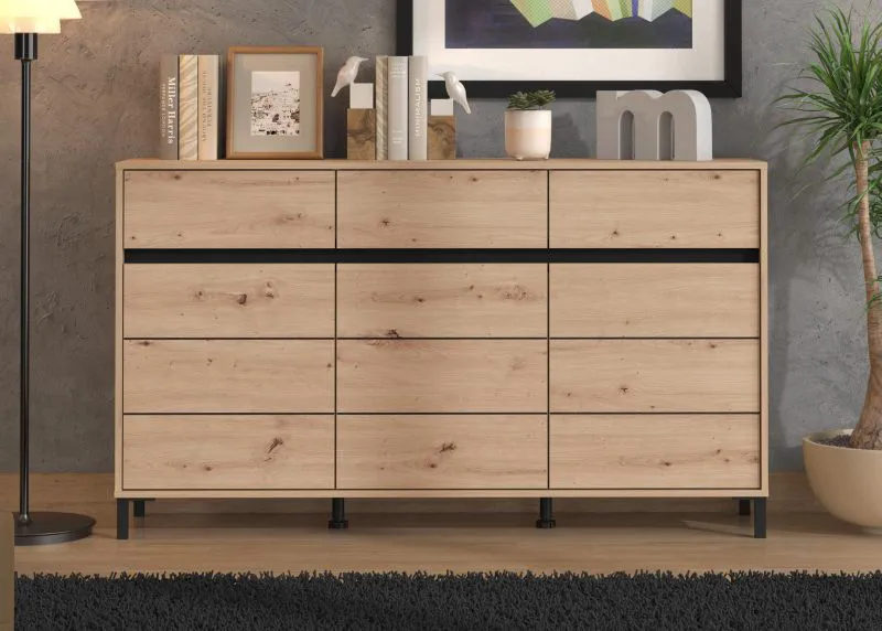 Madia "Lapovo" 08, color rovere Artisan, gambe: nero, 3 ante ad ante battenti, 3 cassetti, 6 scomparti, bordi in ABS, 157 x 40 x 90 cm