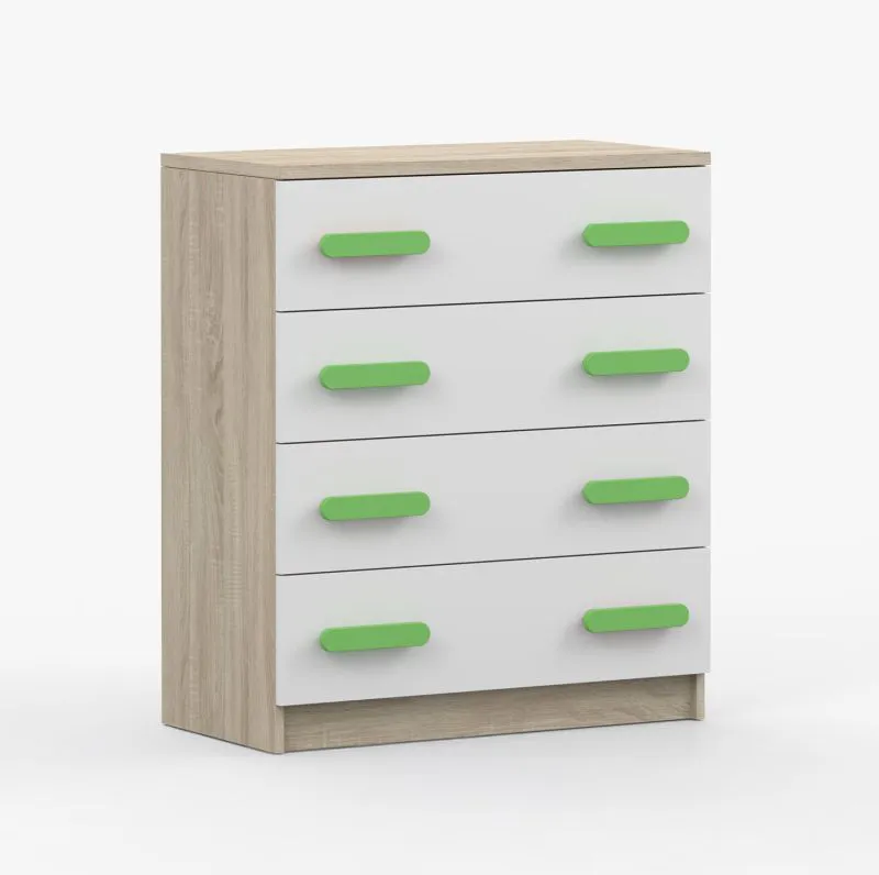 Cassettiera Smolikas 04 | Rovere Sonoma e bianco | 4 cassetti spaziosi | Maniglie verde | 90 x 80 x 40 cm