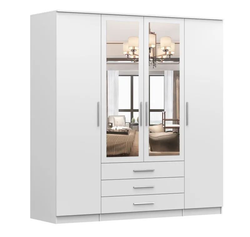 Armadio battente Kopaonik 05 | Bianco con specchio | 4 ante, 3 cassetti, 6 scomparti | 59 x 200 x 207 cm