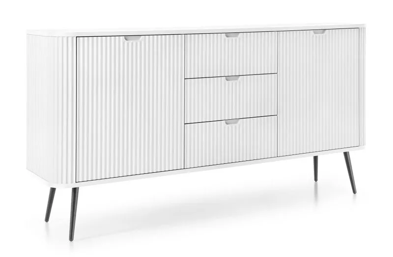 Comodino bianco Makreb 07 con 3 cassetti, 87 x 168 x 39 cm, gambe in metallo nero, frontale intagliato, chiusura ammortizzata, 4 scomparti, 2 ante, ABS