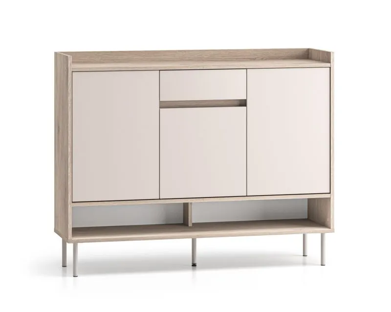 Madia "Nampa" 02, color cashmere/rovere Cremona, 3 ante, 9 scomparti, 1 cassetto, Sistema "Soft-Close", 120 x 34 x 95 cm