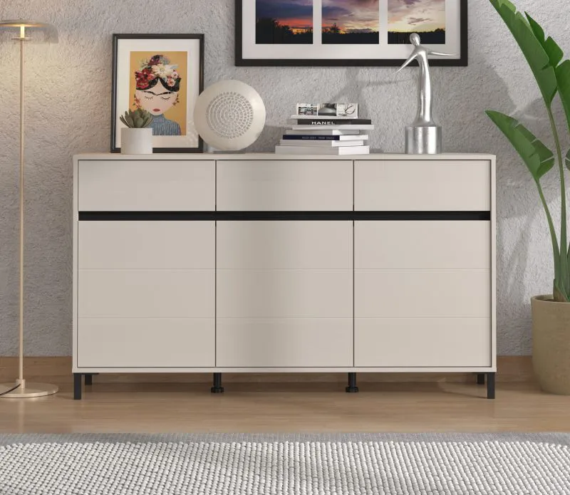 Cassettiera "Lapovo" 09, color cashmere, gambe nere, 3 ante a battente, 3 cassetti, 6 scomparti, bordi in ABS, 157 x 40 x 90 cm