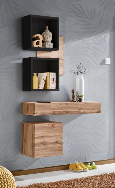 Set ingresso 3 pezzi "Pollestad" | Rovere Wotan e nero | Consolle a muro, cubotto, 2 mensole sospese