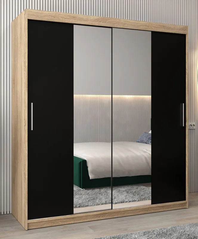 Armadio scorrevole con specchio Bisaurin 4B | Rovere Sonoma e wengé | 200 x 180 x 62 cm