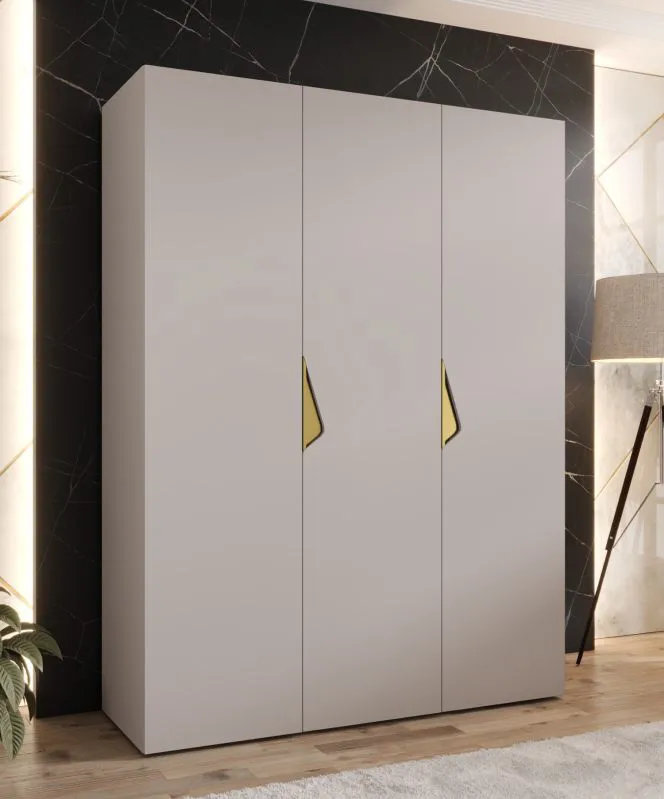Armadio ad ante battenti "Zainab" 02, color cashmere, maniglie: oro, 3 ante, 2 scomparti, 2 barre appendiabiti, Sistema "Soft-Close", bordi in ABS, 150 x 52 x 202 cm