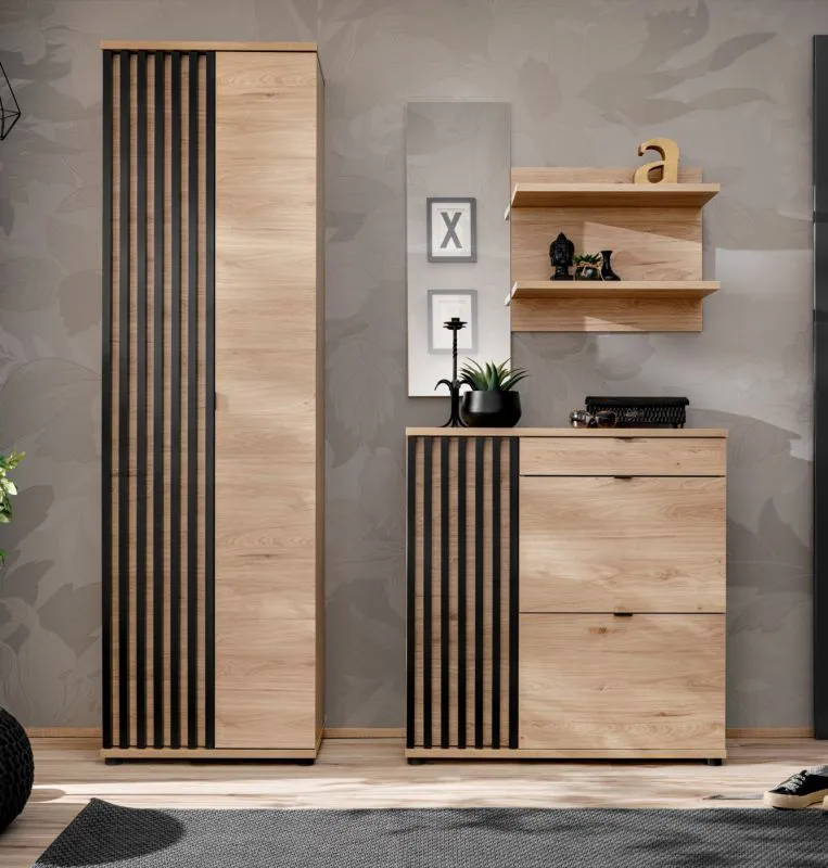 Set ingresso 3 pezzi "Angvik" | Rovere Jackson Hickory e nero | Armadio, scarpiera, mensola con specchio