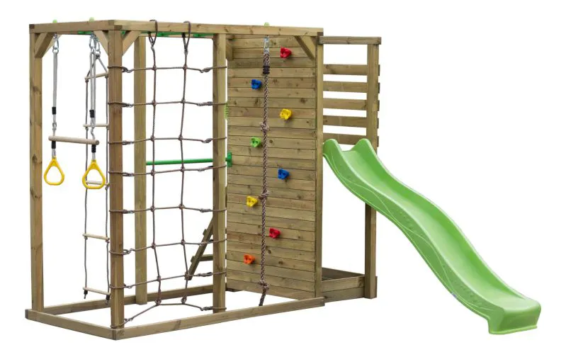 Struttura per arrampicata S38B incl. scivolo a onde | parete da arrampicata | rete da arrampicata | scala di corda | anelli ginnici | corda da arrampicata e barre orizzontali | 269 x 360 cm