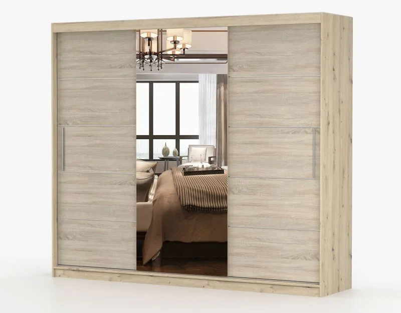 Armadio scorrevole Gorski 74 | Rovere Artisan | 3 ante con specchio | 12 scomparti | 218 x 233 x 61 cm