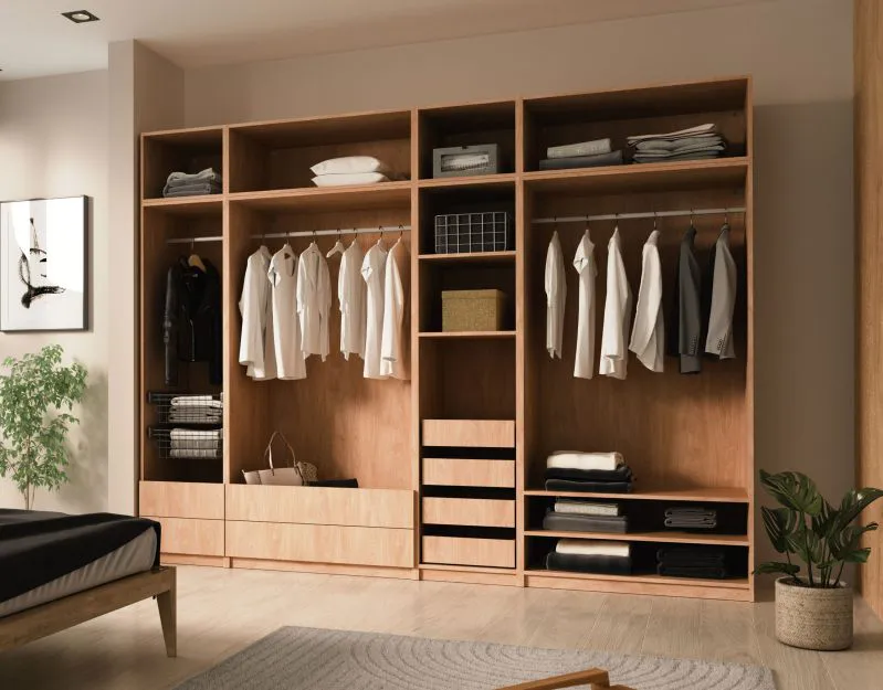 Armadio completo - Set B "Aarwangen", color rovere Piccini, 3 barre appendiabiti, 308,5 x 55 x 234 cm