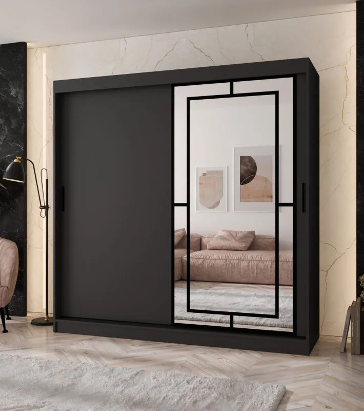 Armadio con ante scorrevoli / Armadio guardaroba | Nero opaco | 10 scomparti | 2 aste appendiabiti | 200 x 62 x 200 cm | Anta a specchio decorativa | Per camera da letto