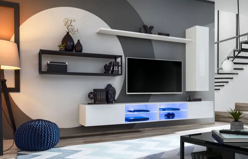 Parete soggiorno Valand 13 bianco/nero | 170x300x40 cm | Due basi TV | Design moderno
