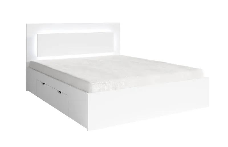 Letto matrimoniale compatto con cassetto | Illuminazione LED | Bianco moderno | 140 x 200 cm | Almopia 04