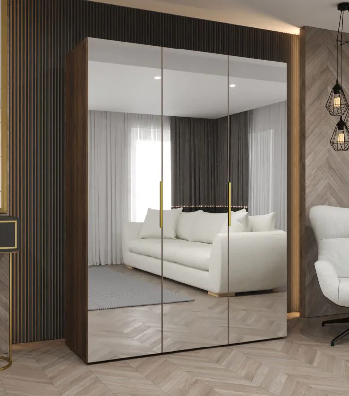 Armadio ad ante battenti "Korab" 201, color noce, maniglie: oro, 3 ante a specchio, 2 scomparti, 2 barre appendiabiti, Sistema "Soft-Close", larghezza: 1,5 m