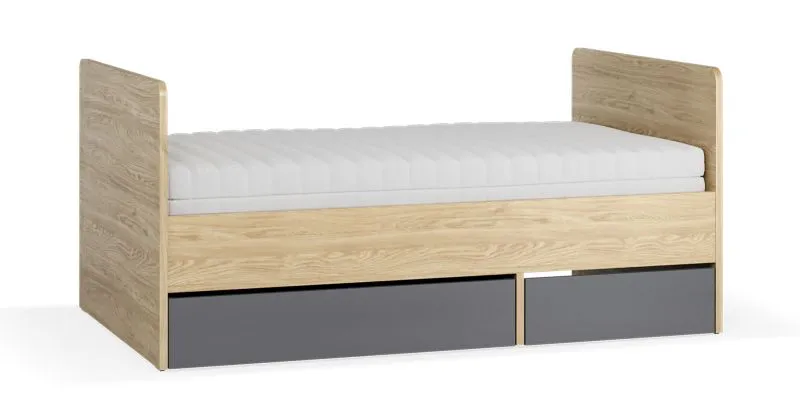Letto singolo estensibile Mirinay 19 | Grafite e rovere | 2 cassetti | Rete sollevabile | 90 x 160-200 cm
