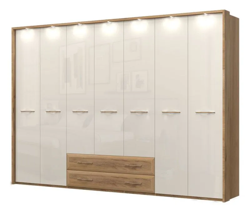 Armadio a porte battenti / Armadio con cornice a LED Gataivai 60, colore: beige lucido / noce - Dimensioni: 224 x 322 x 60 cm (A x L x P)