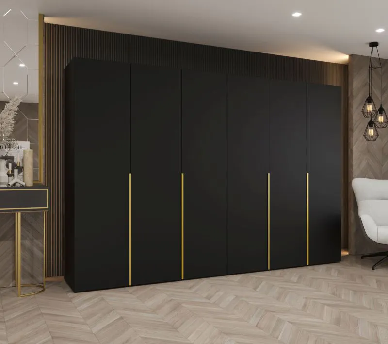 Armadio guardaroba nero 3 m | 6 ante battenti Soft-Close | Maniglie oro | 4 scomparti e barre appendiabiti