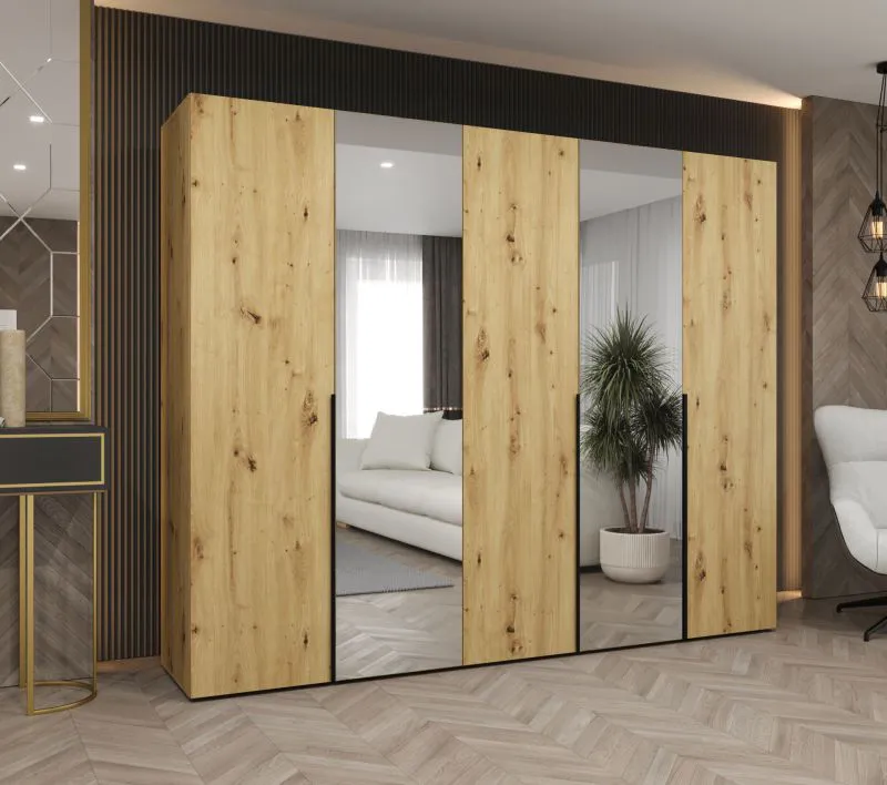 Armadio guardaroba 2,5 m | Rovere Artisan | 2 ante a specchio | 3 scomparti | Maniglie nere | Eiger 89