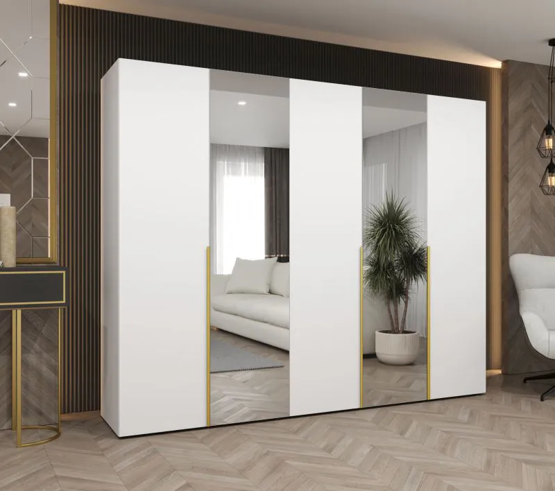 Armadio battente Eiger 93 | Bianco, 2 ante a specchio, maniglie oro | 3 scomparti, 3 barre appendiabiti | 250 cm larghezza | Soft-Close