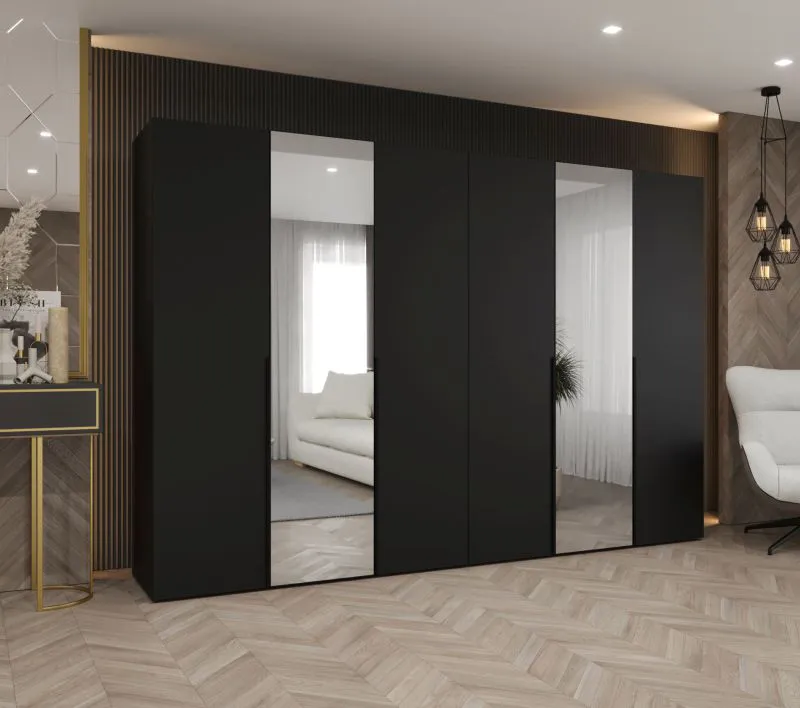 Armadio battente Eiger 105 nero | 2 ante a specchio | 4 scomparti | 4 barre appendiabiti | Soft-Close | 3 m
