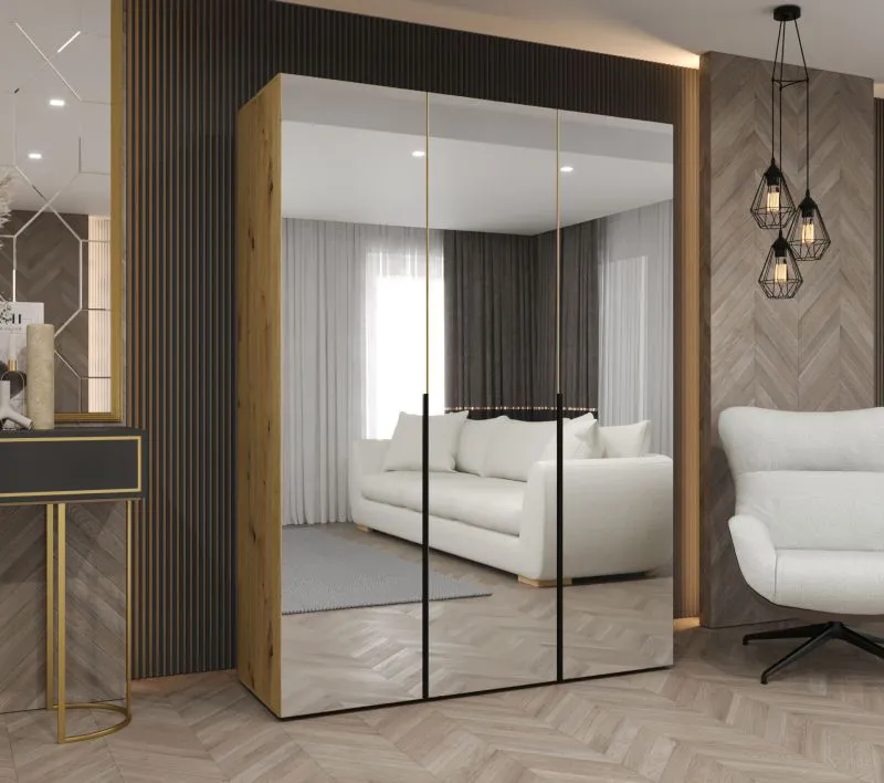 Armadio battente Eiger 122 | Rovere Artisan | 3 ante specchio | Maniglie nere | 2 barre appendiabiti | Larghezza 1,5 m