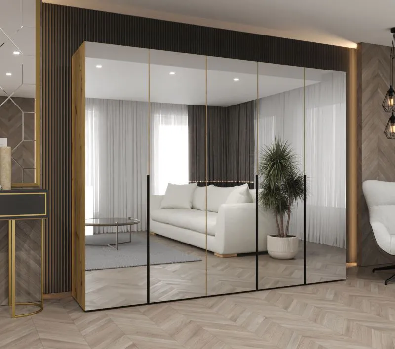 Armadio battente Eiger 144 | Rovere Artisan | 5 ante a specchio | Maniglie nere | 3 barre appendiabiti | 2,5 m