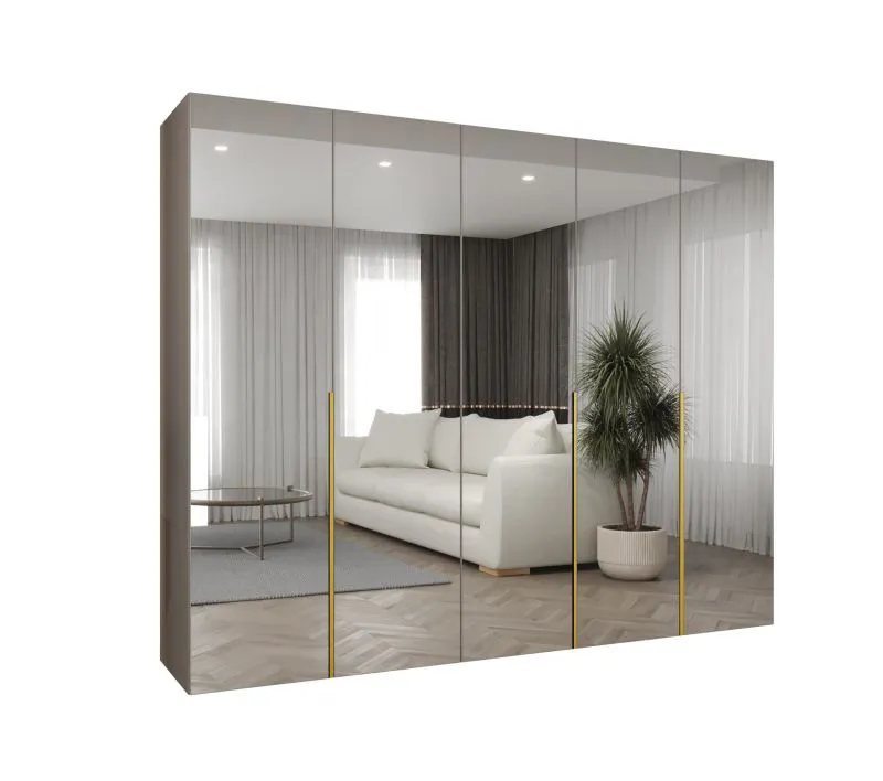 Armadio "Eiger" 154 cashmere | Maniglie oro | 5 ante specchio | 3 scomparti | Soft-Close | L 2,5 m