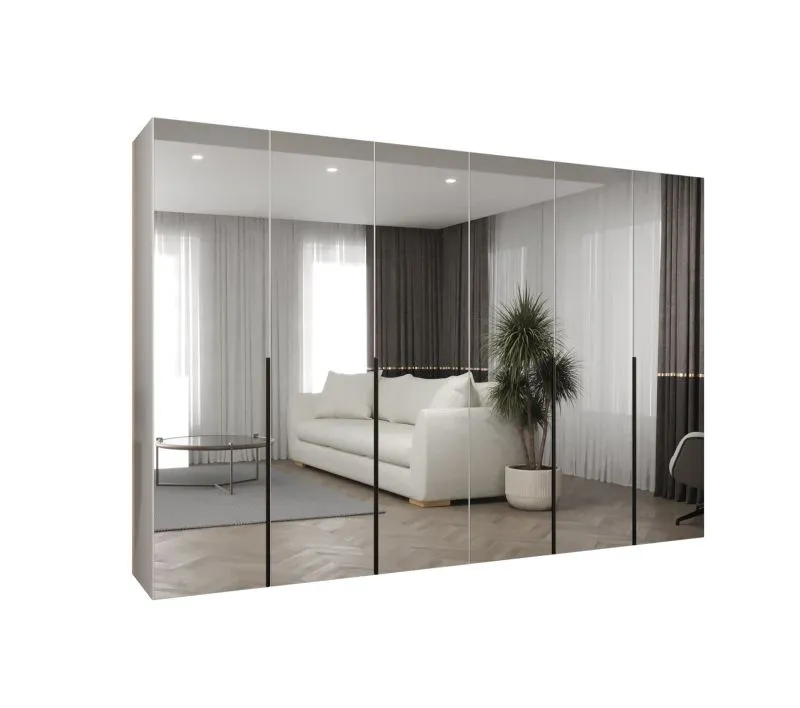 Armadio guardaroba 3 m con 6 ante specchio | Bianco, maniglie nere | Sistema Soft-Close | Serie Eiger 157