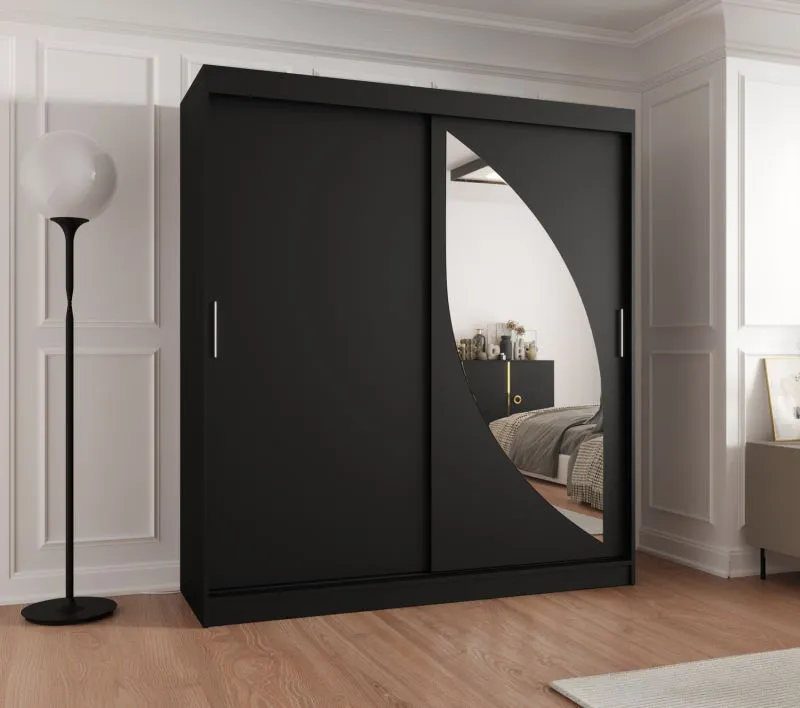 Armadio scorrevole nero 1,8 m | 5 scomparti | anta a specchio | 2 barre appendiabiti | guide in alluminio