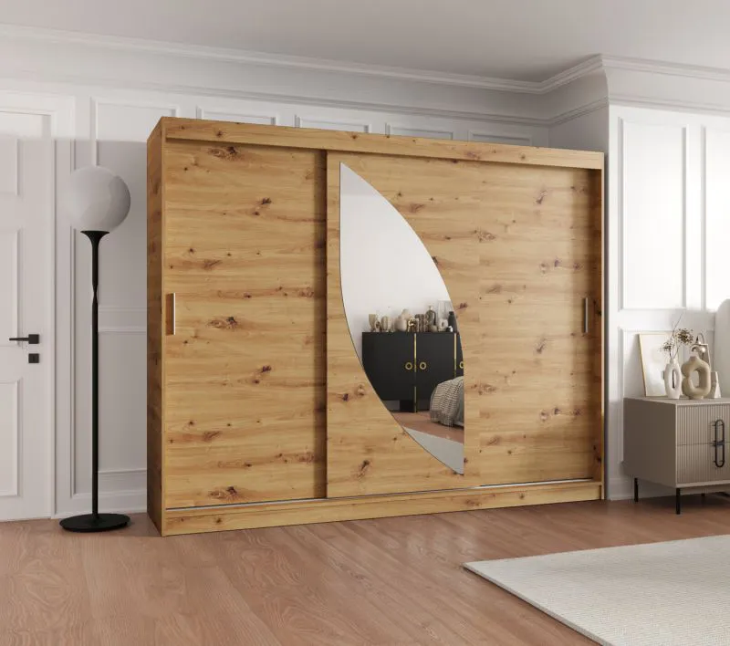 Armadio scorrevole Jorasses 21 | 2 ante a specchio | Larghezza 2,5 m | Rovere Artisan | 10 scomparti | Guide in alluminio