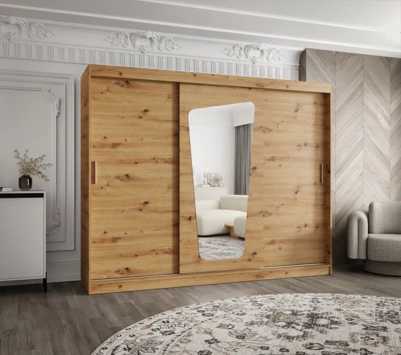Armadio scorrevole Aletschhorn 21 | 2 ante a specchio | Rovere Artisan | 2,5m | 10 scomparti | 2 barre | Binari in alluminio