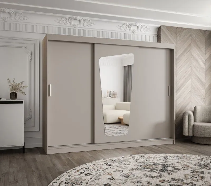 Armadio scorrevole "Aletschhorn" 24 | Cashmere | 2,5 m larghezza | 10 scomparti | 2 ante a specchio | Barre appendiabiti | Guide alluminio