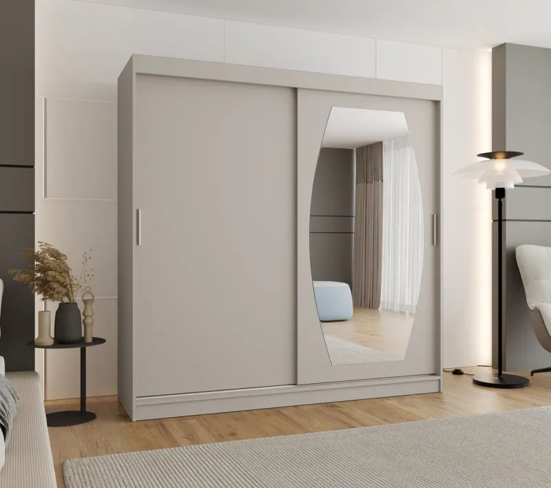 Armadio scorrevole Musala 20 | Cashmere | 2 metri | 1 anta specchio | 10 scomparti | 2 barre | Guide alluminio