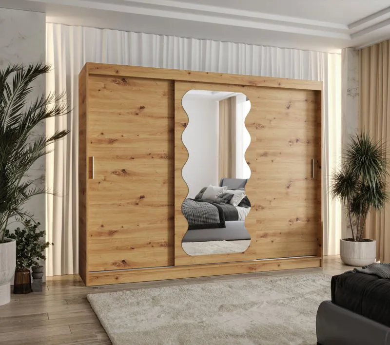 Armadio scorrevole Bernina 21 | Rovere Artisan | 2,5 m larghezza | Specchio integrato | 10 scomparti | 2 barre appendiabiti