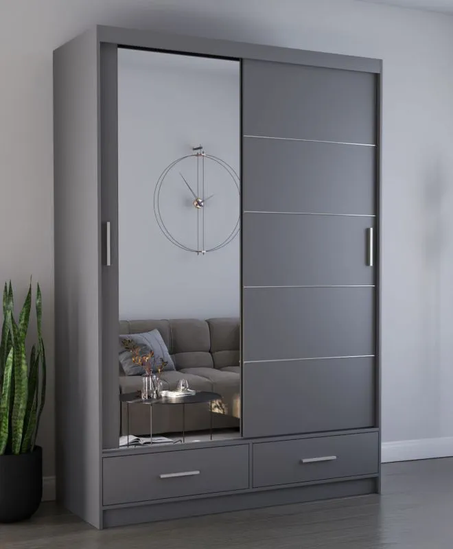 Armadio scorrevole con specchio Lusatian 09 | Grigio moderno | 2 ante, 6 scomparti, 2 cassetti | 218 x 150 x 61 cm