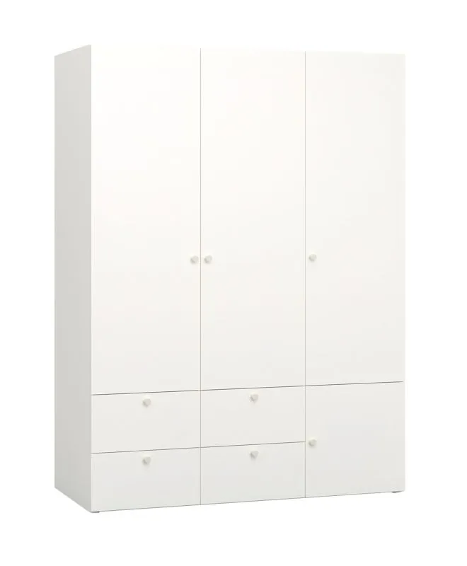 Armadio sei scomparti Aenna 13 | Bianco/Rovere | 202,5 x 151 x 60 cm | Quattro cassetti | Due appendiabiti